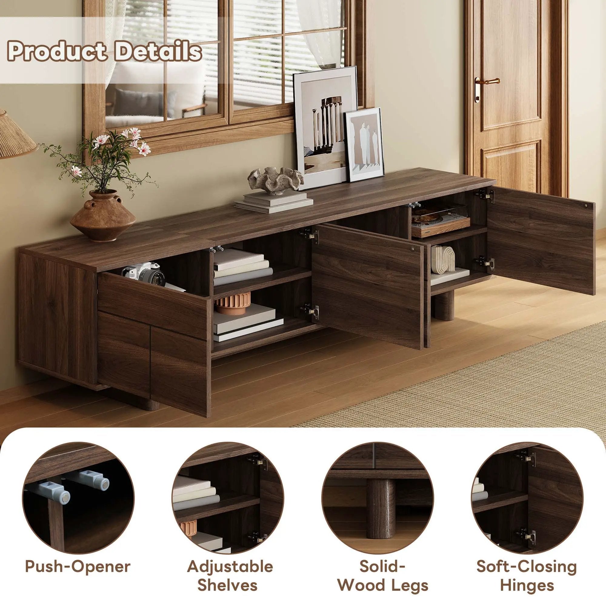 TV Stand For TVs Up To 85", Entertainment Center, Cable Management, Push Openers, Soft Closing Hinges & Adjustable Shelves - Dark Brown by HouseOfZazla