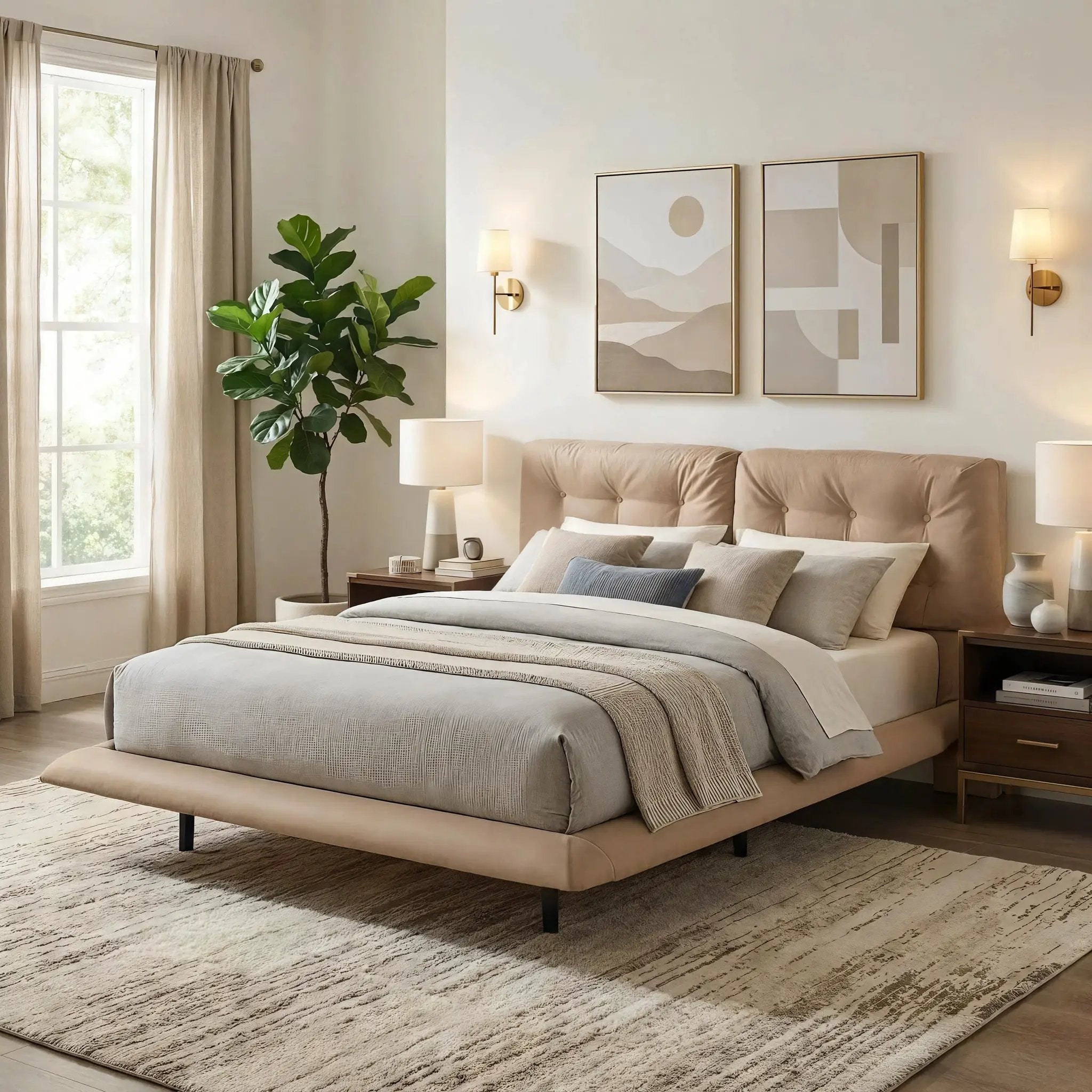 Queen Size Upholstered Floating Bed Frame with LED Lights, Khaki by HouseOfZazla