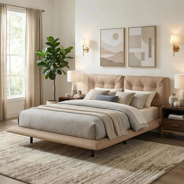 Queen Size Upholstered Floating Bed Frame with LED Lights, Khaki