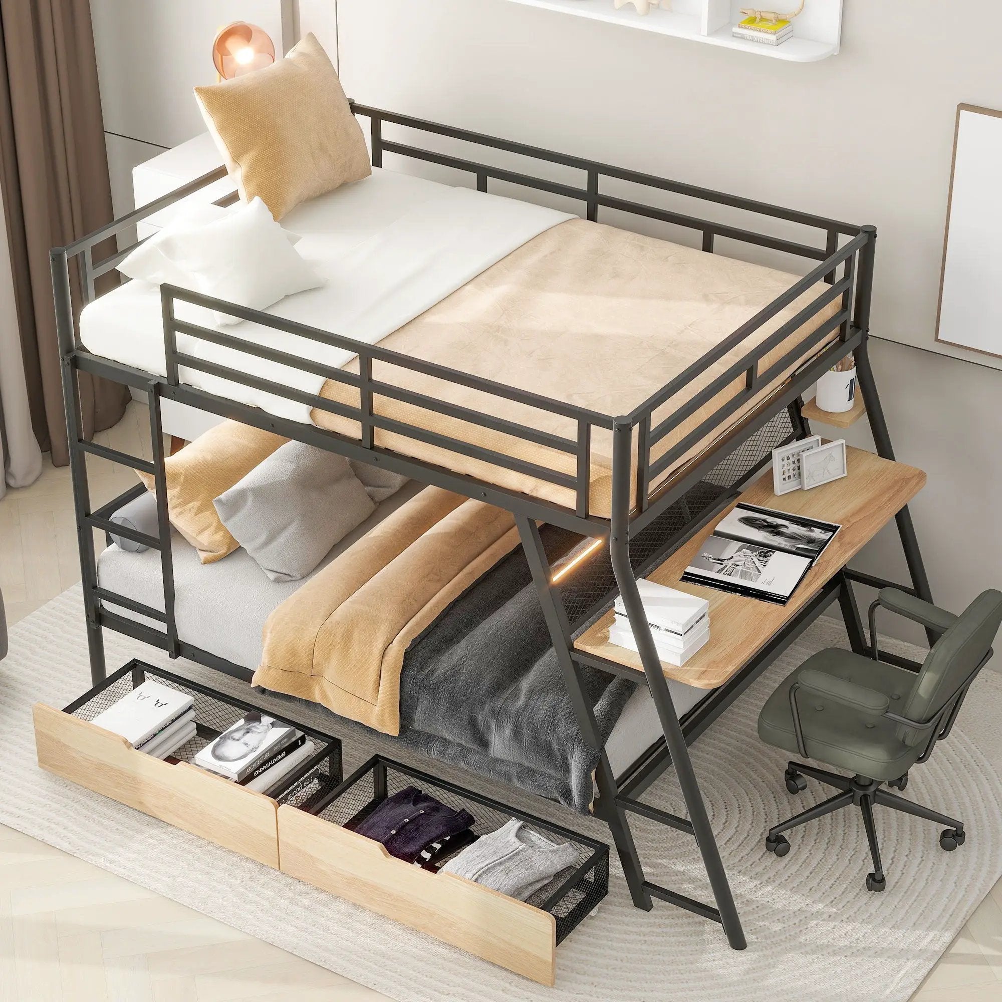 Full Size Bunk Bed With Built In Desk, Light, And 2 Drawers - Black by Unique Piece Furniture