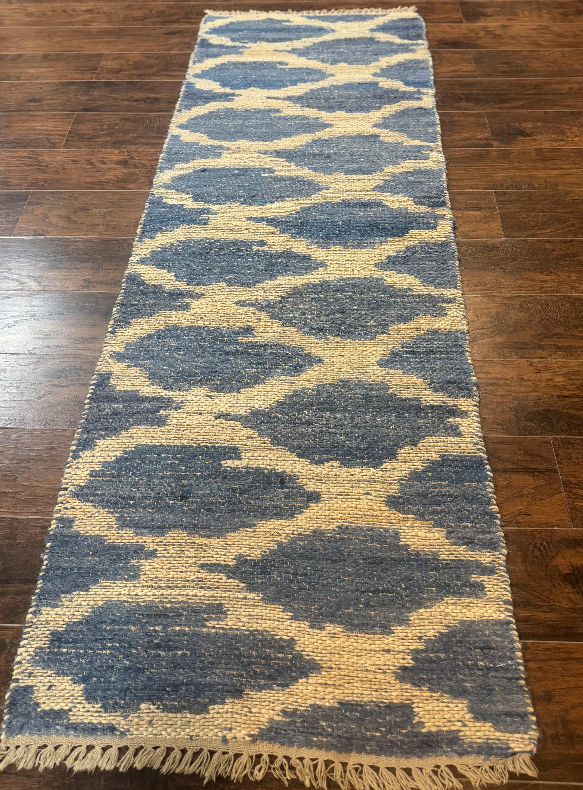 Modern Jute Runner Rug 2.9 x 7.9, Beige and Blue, Handwoven, Kaleen Rug by Jewel Rugs