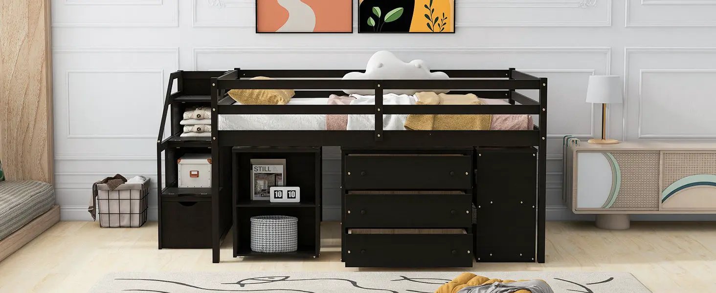 Loft Bed With Retractable Writing Desk And 3 Drawers With Storage Stairs And Shelves by HouseOfZazla