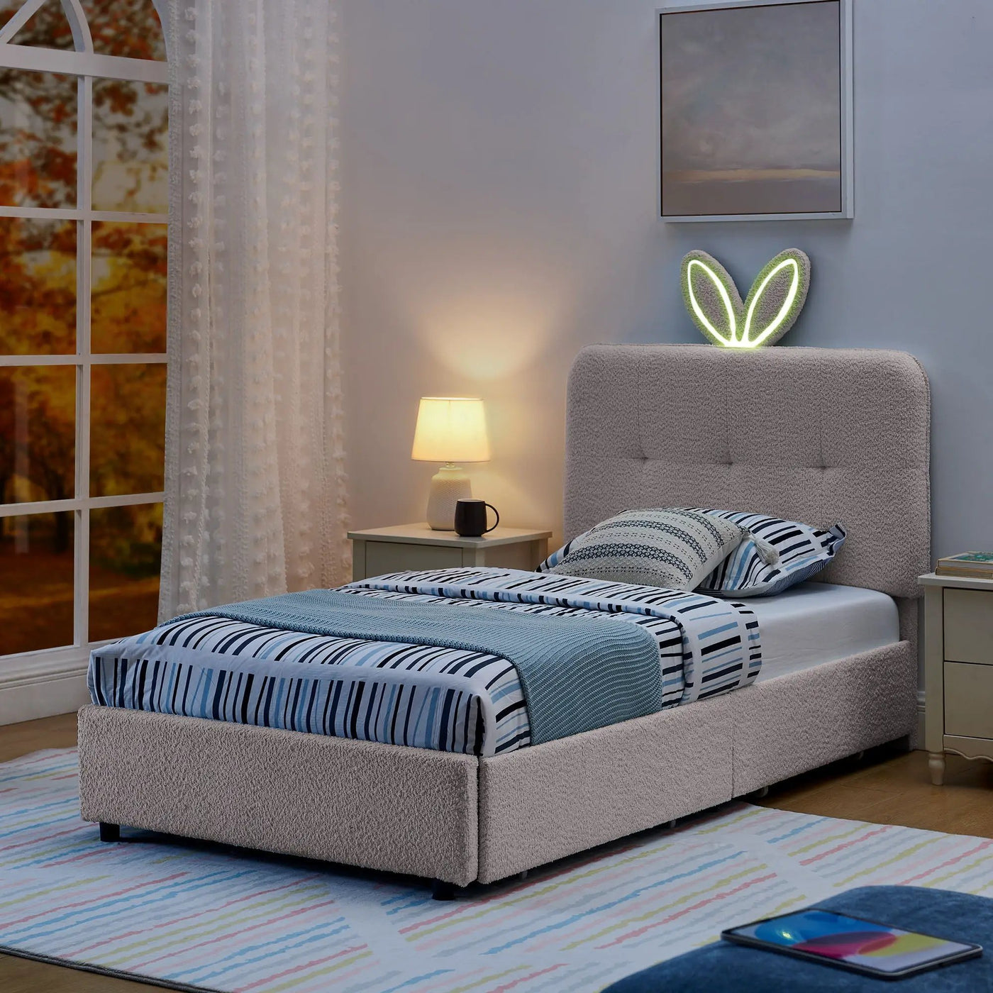 Upholstered Bed With Oversized Rabbit Ear Headboard, LED Lights & 4 Storage Drawers by Unique Piece Furniture