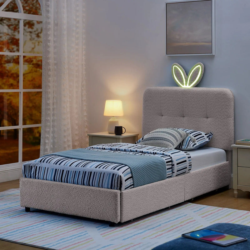 Upholstered Bed With Oversized Rabbit Ear Headboard, LED Lights & 4 Storage Drawers by Unique Piece Furniture