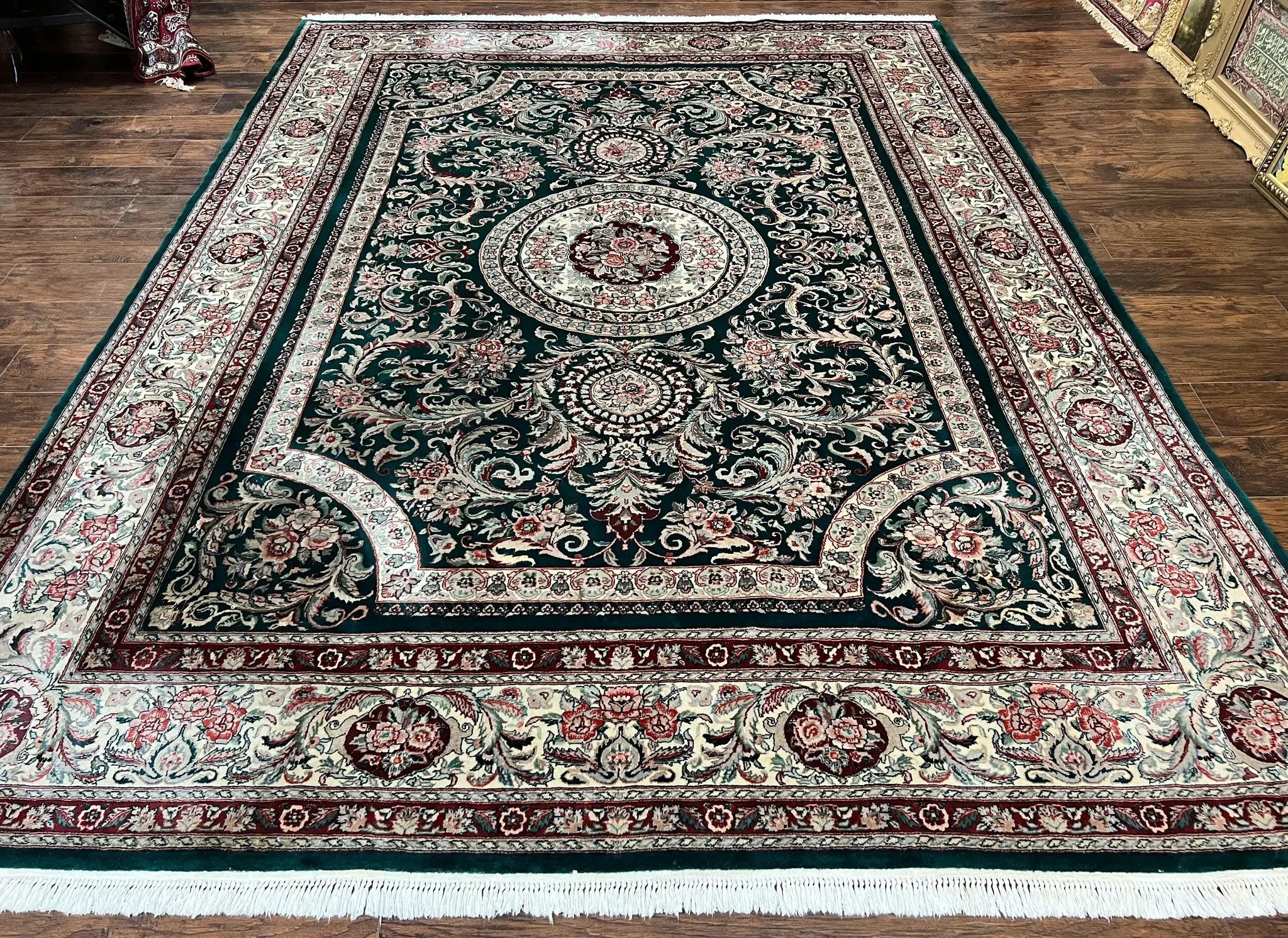 Pak Persian Rug 9x12, Dark Green and Cream, Floral Medallion, Elegant Handmade Wool Carpet 9 x 12 by Jewel Rugs