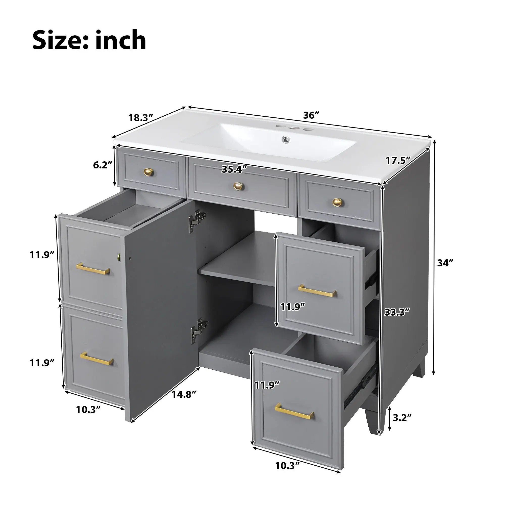 Bathroom Vanity With Ceramic Sink, Soft Close Doors, Adjustable Shelves