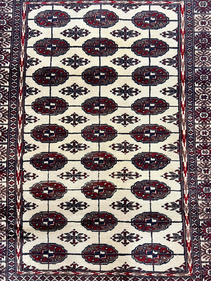 Pakistani Bokhara Rug 4x6, Turkoman Carpet, Vintage Handmade Wool Rug, Ivory by Jewel Rugs