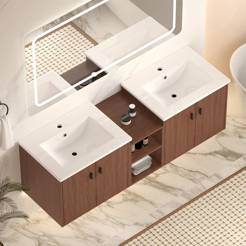 Soft Close Doors Bathroom Vanity With Small Storage Shelves, 24" And 12" Combination Cabinet - Reddish Brown by Unique Piece Furniture