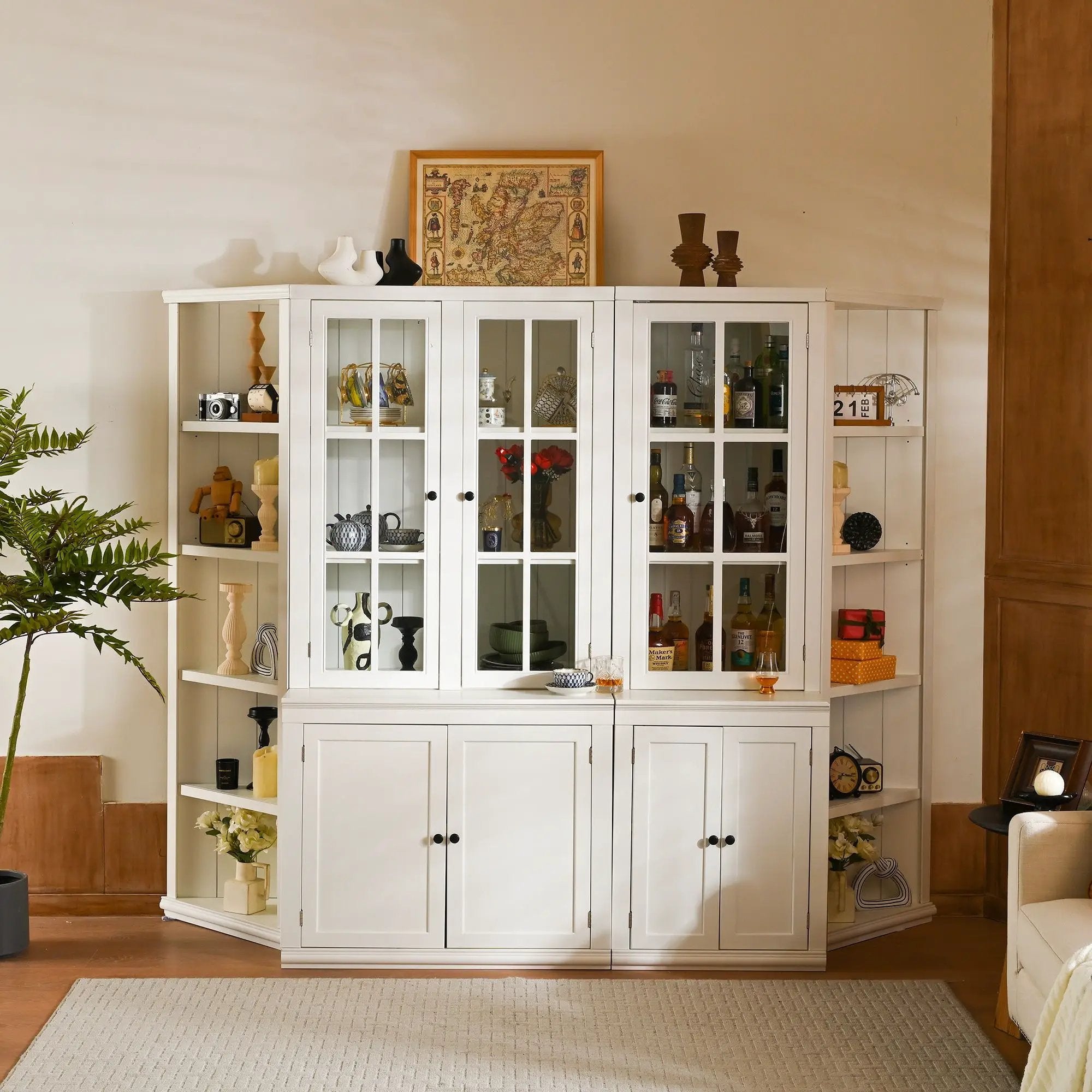 Retro Style Wall Suit With Glass Doors, 75.25" Tall Display Cabinets & Triangle Sided Bookshelves - White by HouseOfZazla