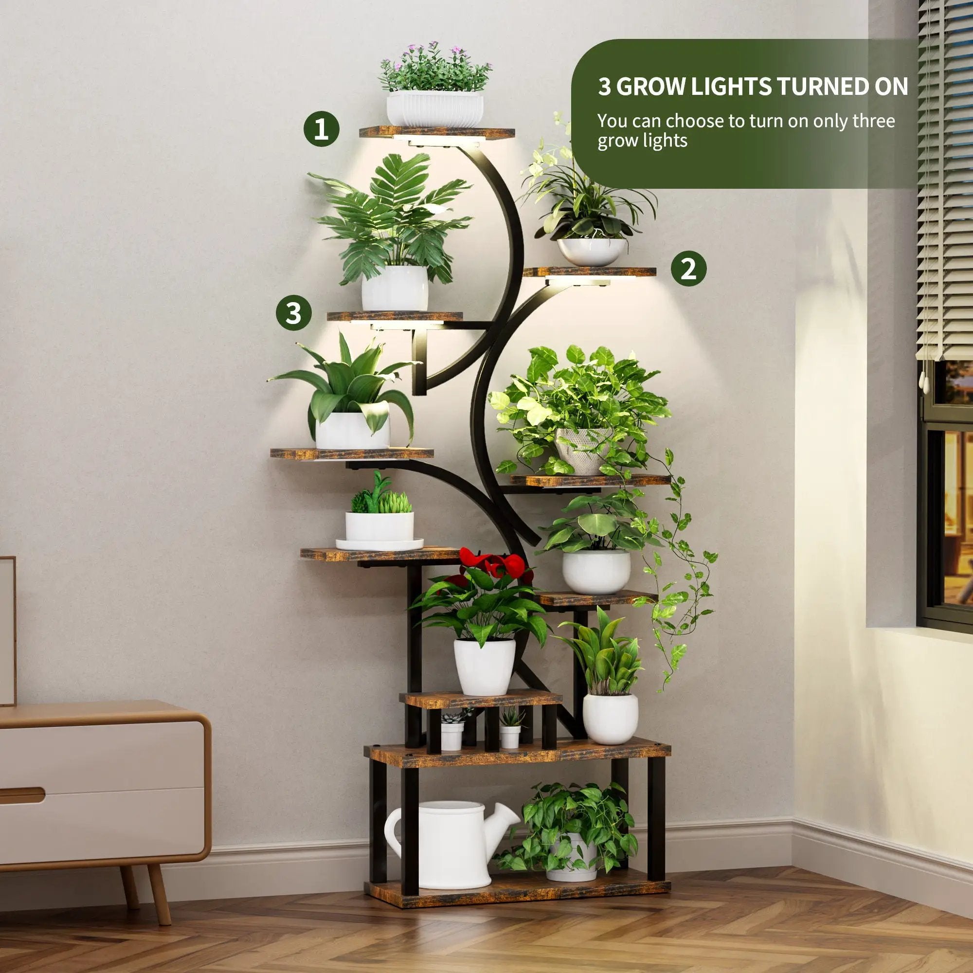 S - Shaped, 10 Tier Plant Stand With 5 Grow Lights - Deep Rustic Brown by HouseOfZazla