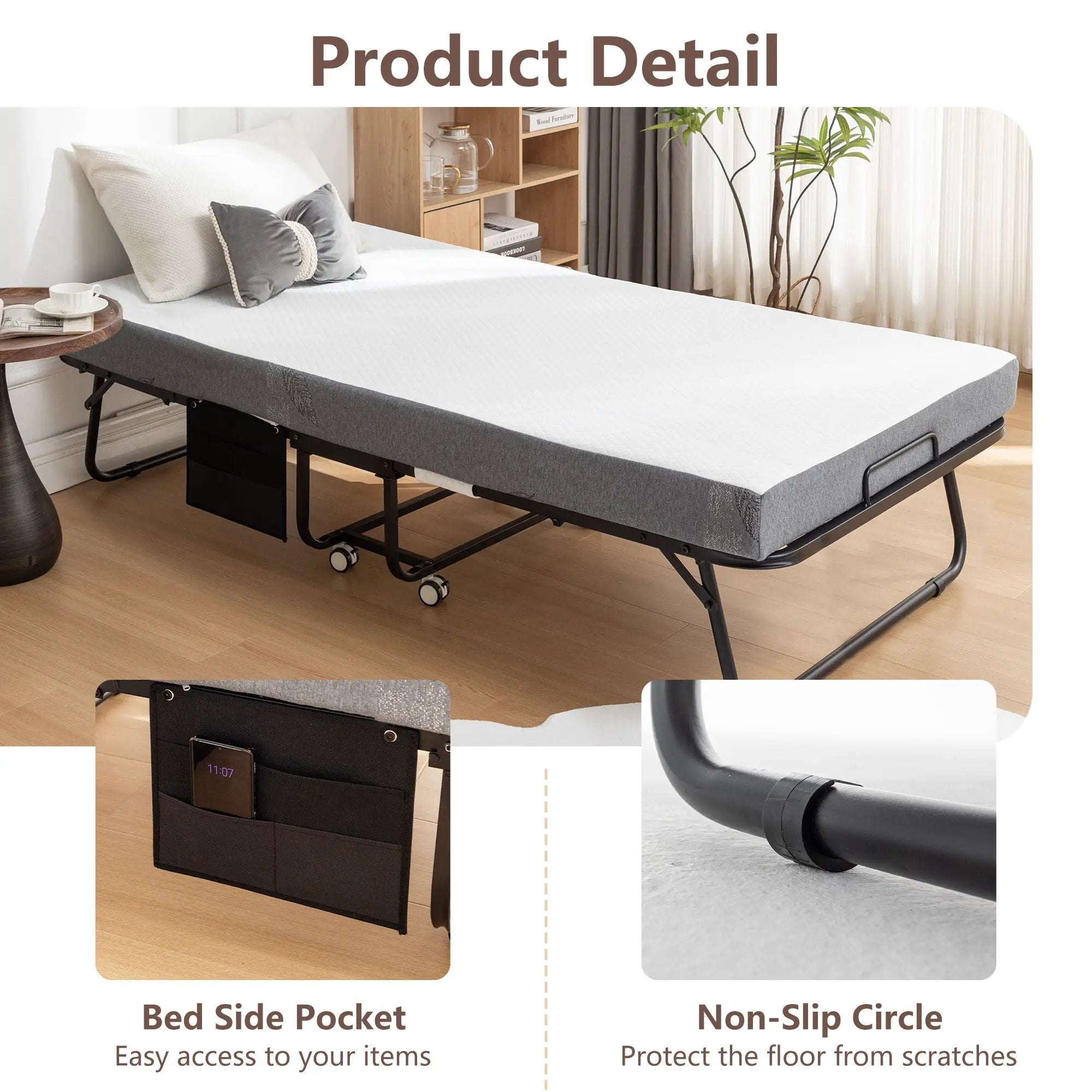 Foldable Metal Frame Bed For Guest With Memory Foam Mattress On Wheels, Saving Space Rollaway Bed by Unique Piece Furniture