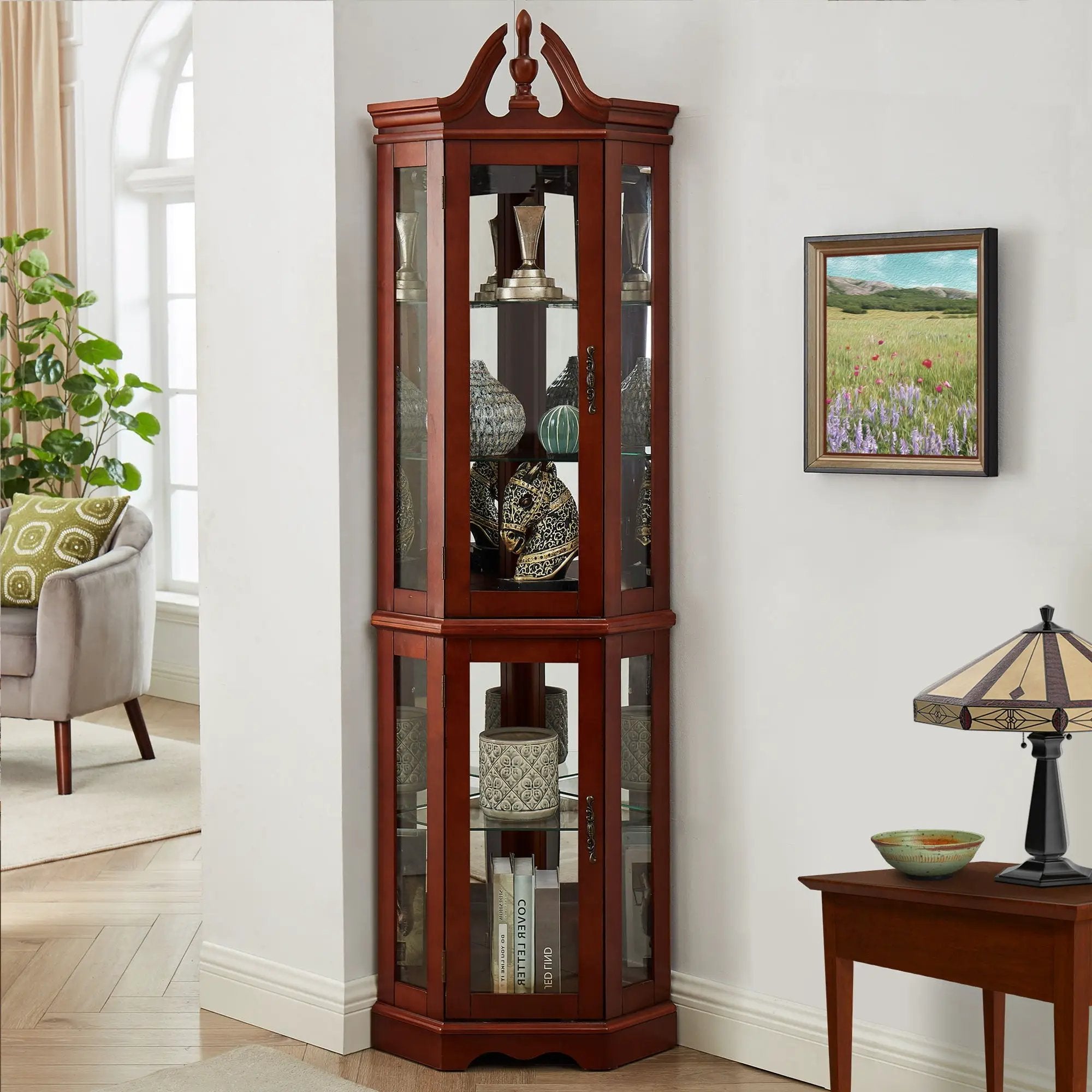 Corner Curio Cabinet With Lights, Adjustable Tempered Glass Shelves, Display Cabinet (E26 Light Bulb Not Included) - Mirrored / Walnut by Unique Piece Furniture