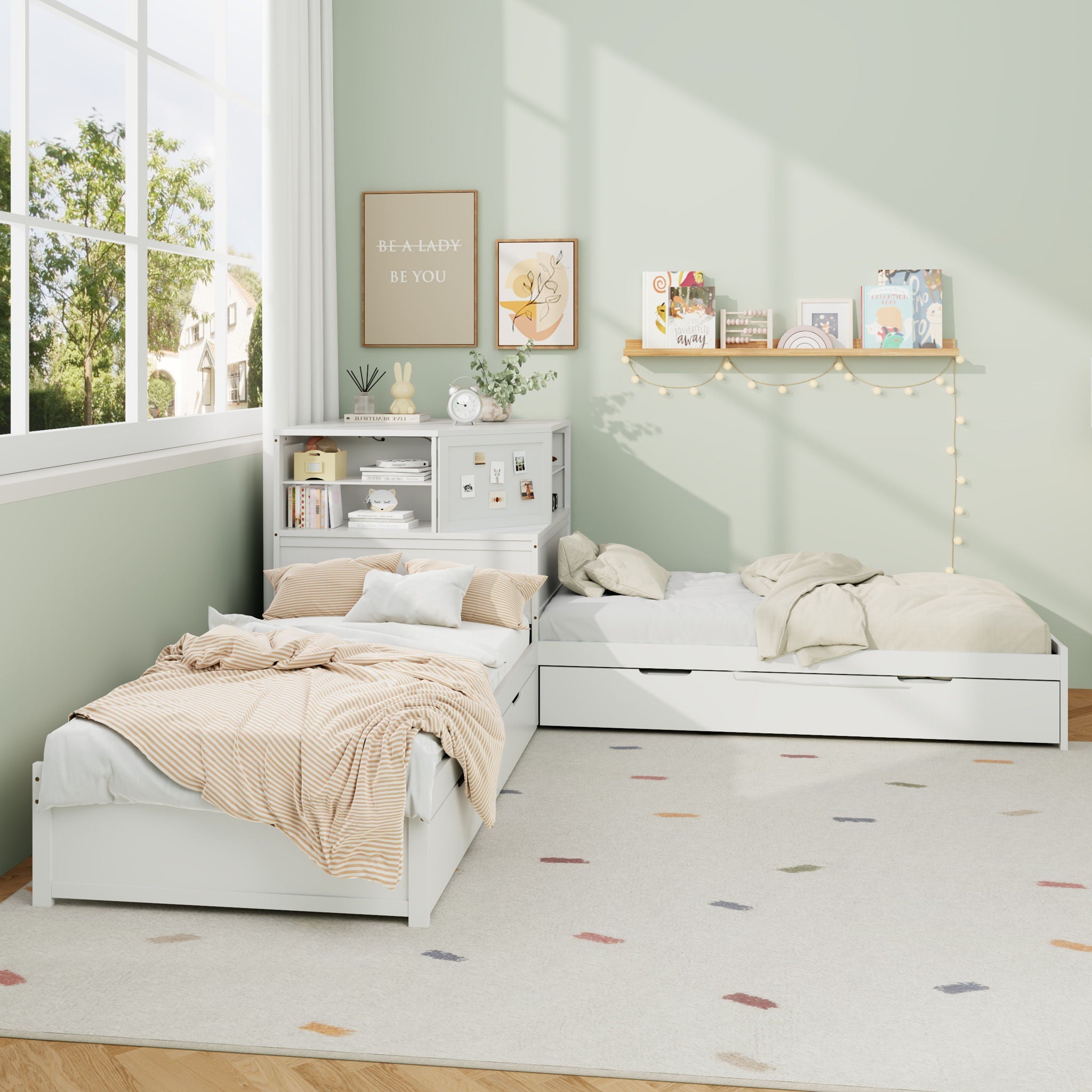 L-Shaped Bed Frame With Trundle, Built In Desk & LED Lighting by HouseOfZazla