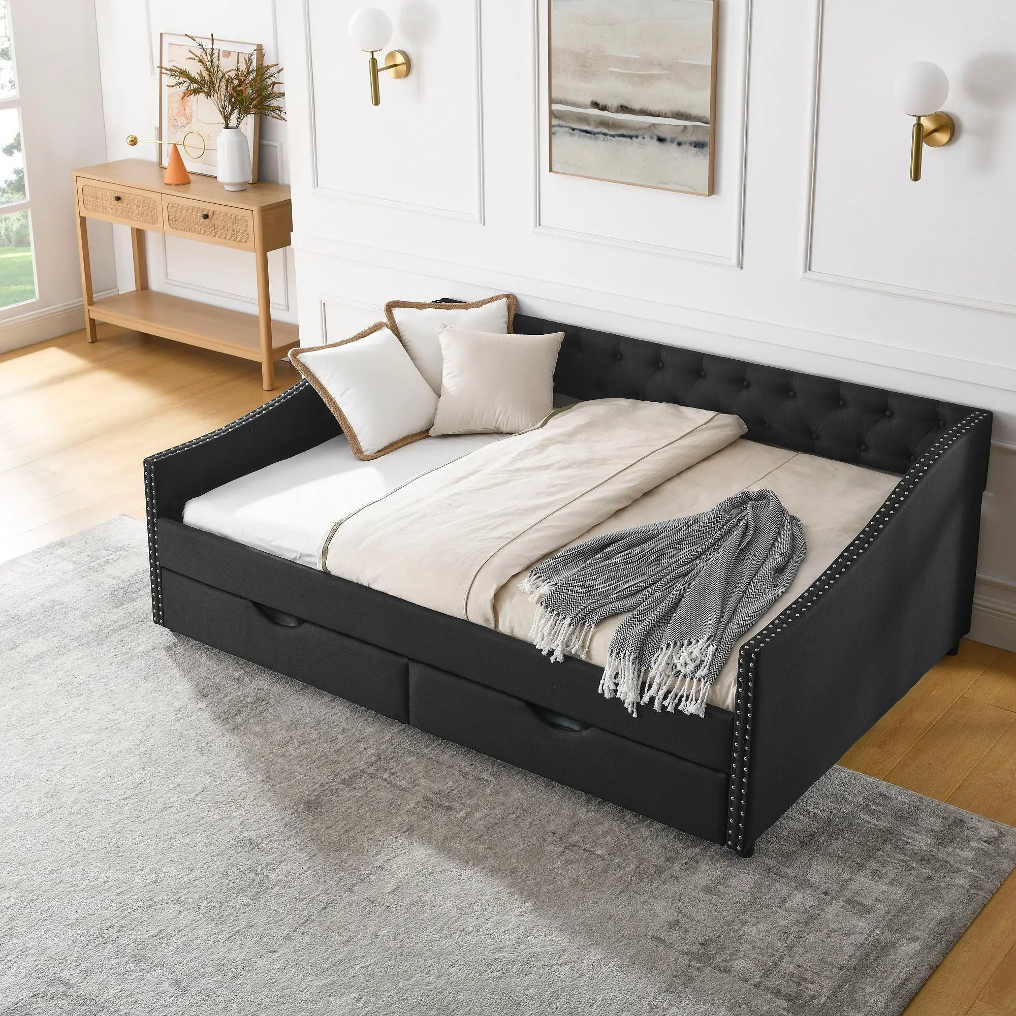 Upholstered Tufted Daybed With 2 Drawers, Waved Arms by Unique Piece Furniture
