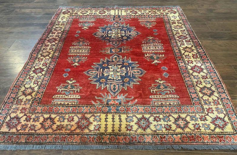 Square Turkish Rug 6x6, Azerbaijani Azeri Turkish Armenian Rug, Red Tan Blue, Geometric, Wool Carpet by Jewel Rugs