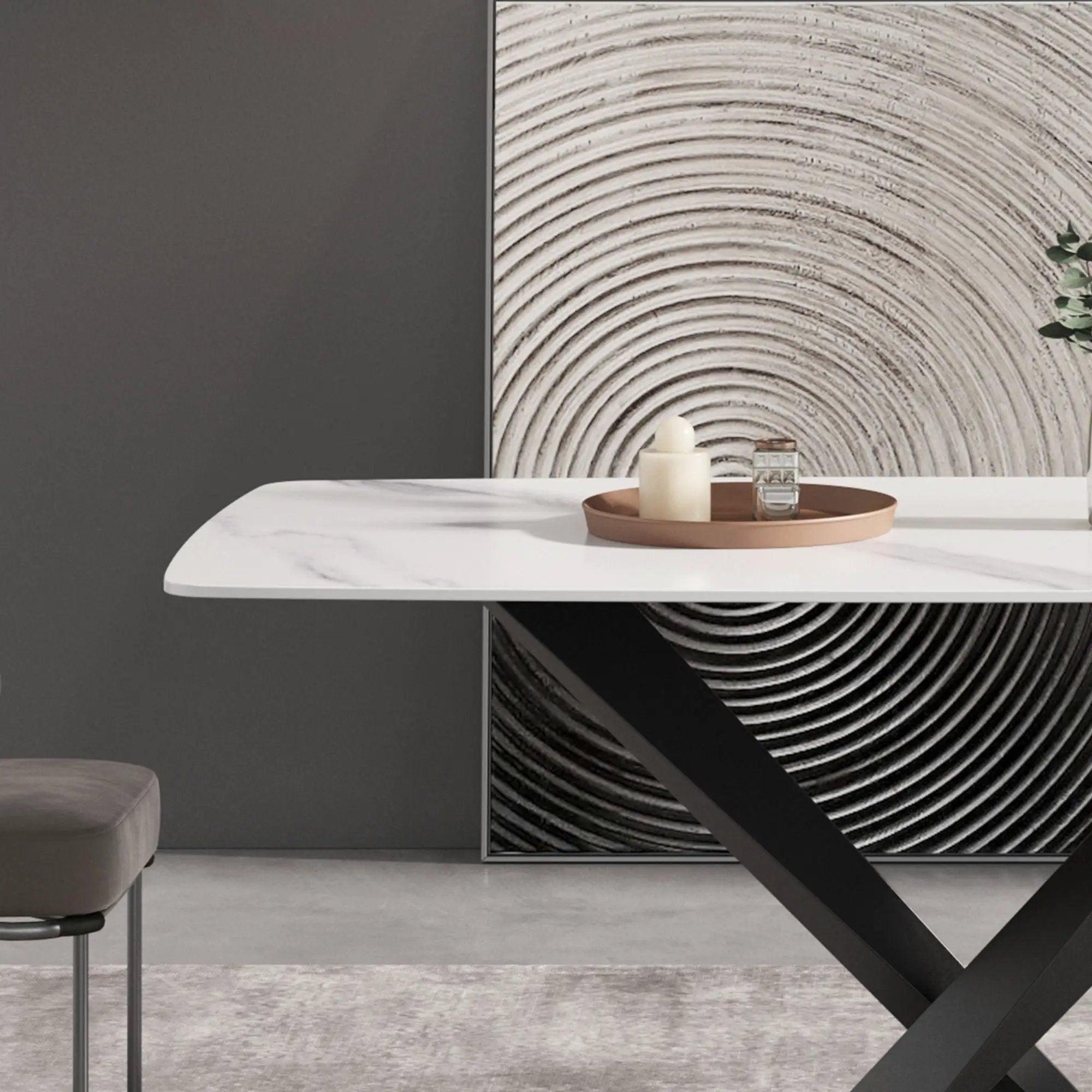 70.87" Modern Artificial Stone White Curved Black Metal Leg Dining Table, Can Accommodate 6-8 People - White / Black by HouseOfZazla