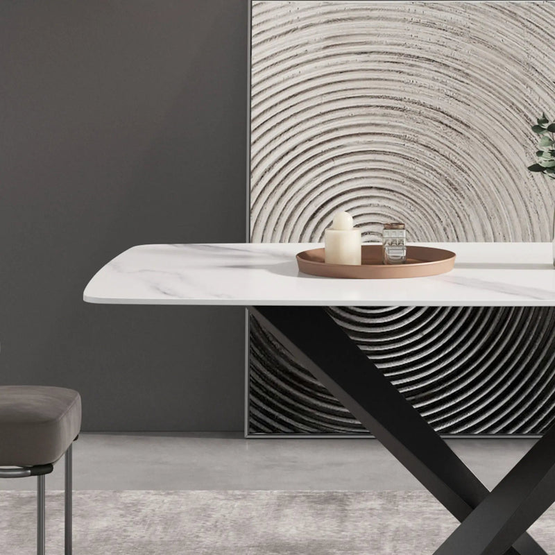 70.87" Modern Artificial Stone White Curved Black Metal Leg Dining Table, Can Accommodate 6-8 People - White / Black by HouseOfZazla