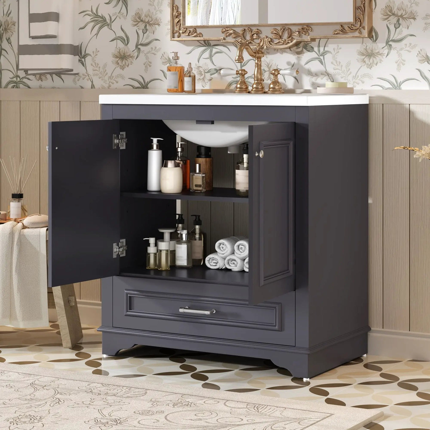 Bathroom Vanity With Sink, Cabinet & 2 Soft Closing Doors & Adjustable Shelf by Unique Piece Furniture