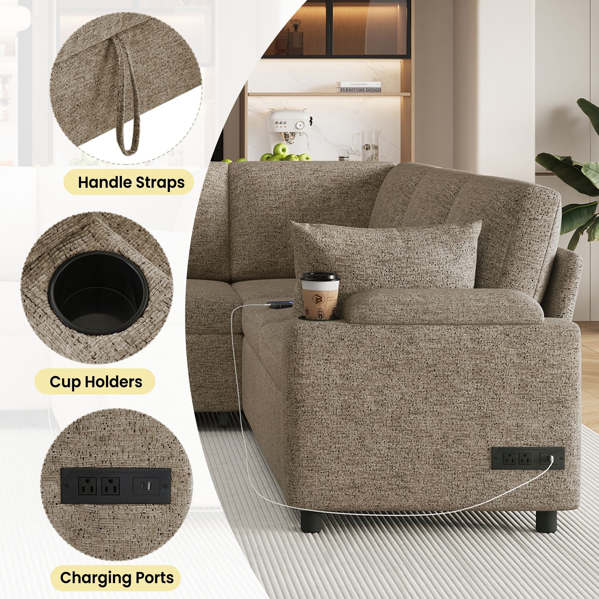 U-Shaped Sectional Sofa Bed With Storage, Charging Ports, And Cup Holders - Brown by Unique Piece Furniture