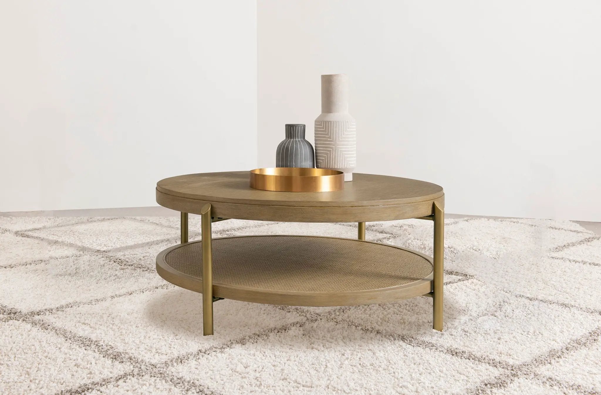 Arini Round Coffee Table With Storage Shelf Sand Wash by Unique Piece Furniture