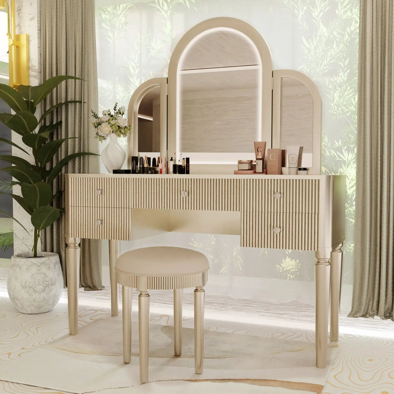 Mirrored Makeup Vanity Table Set With Adjustable Lighting And Storage by HouseOfZazla