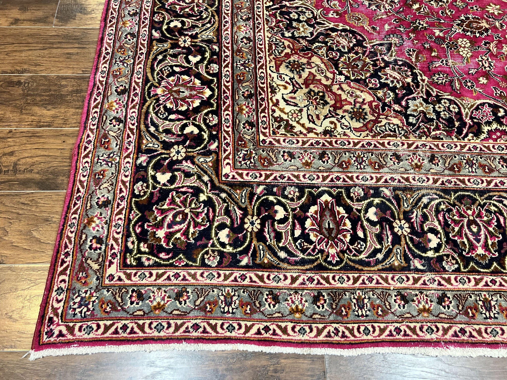 Persian Rug 10x13, Wool Hand Knotted Antique Kashmar Carpet, Raspberry Red & Navy Blue, Floral Medallion, Traditional Oriental Rug 10 x 13 by Jewel Rugs