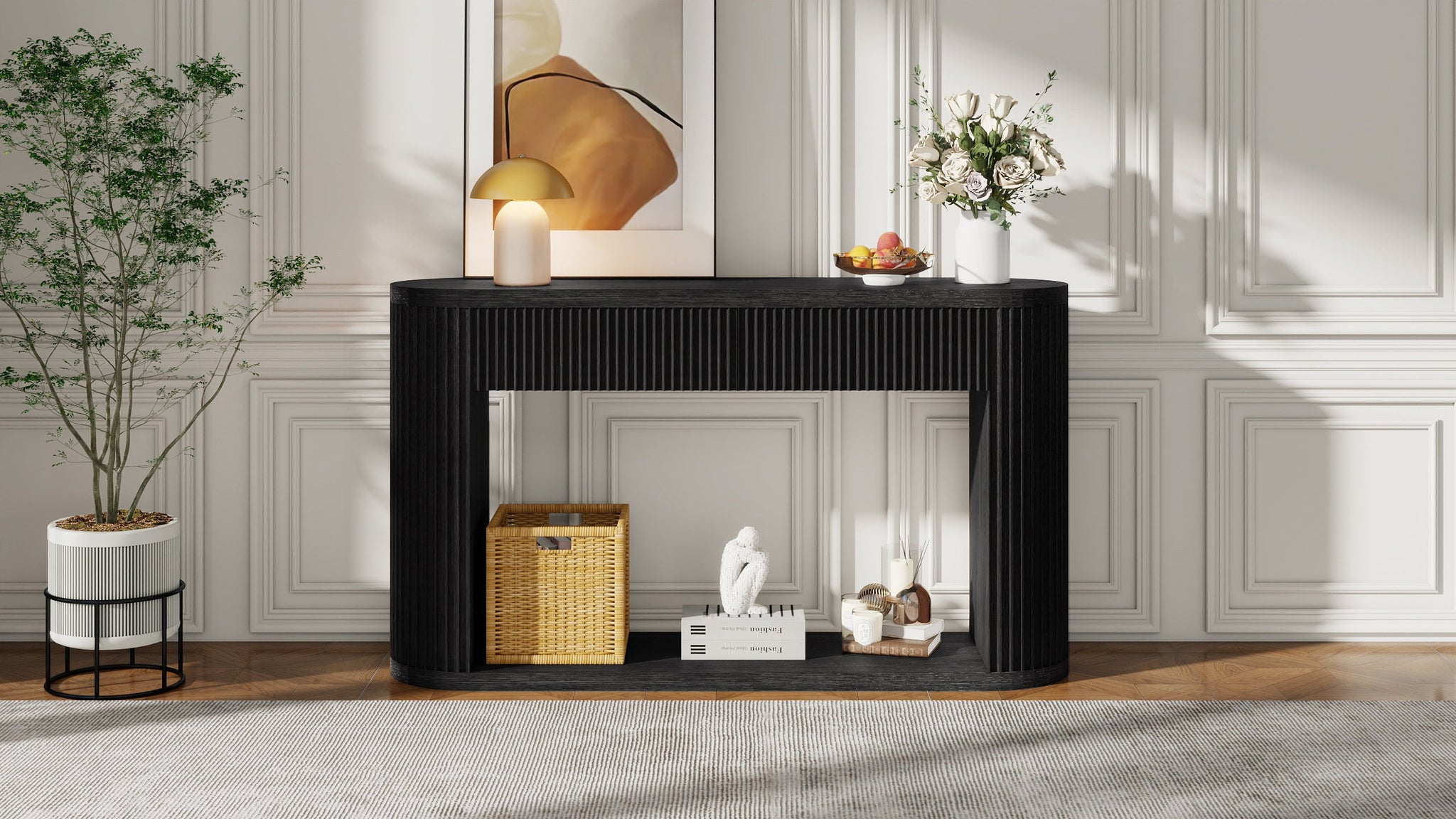 TREXM Oval Fluted Console Table with 2 Drawers and Bottom Shelf by HouseOfZazla