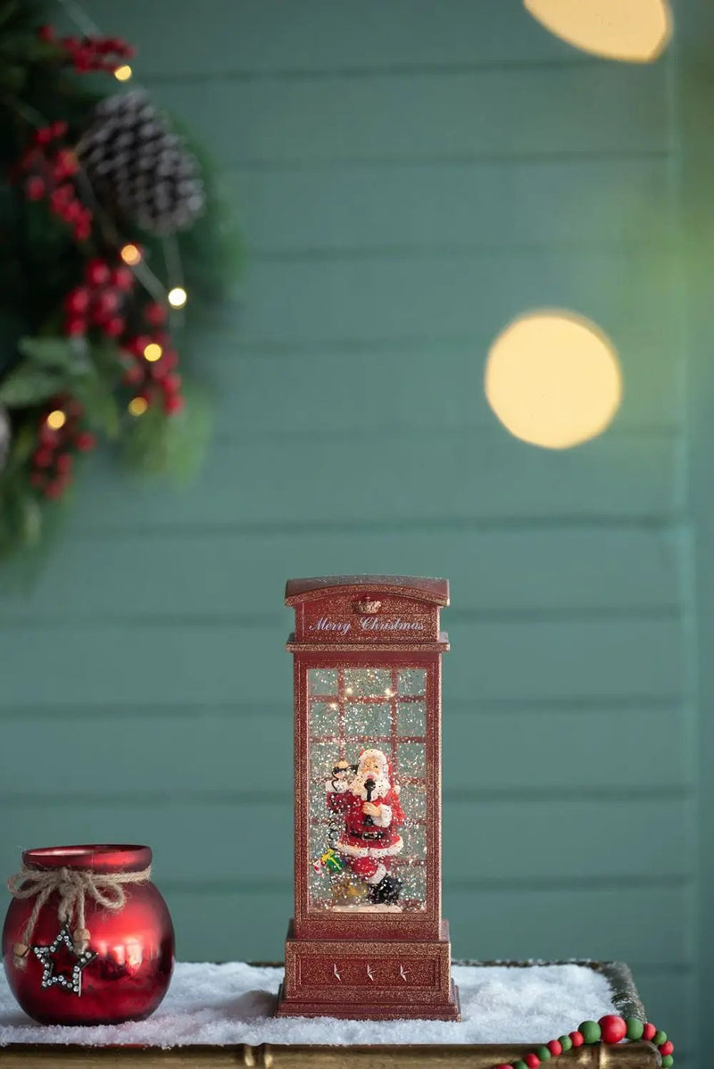 Christmas Lighted Water Spinning Phone Booth With Santa On Phone, 3*AA Batteries Required - White / Red by Unique Piece Furniture