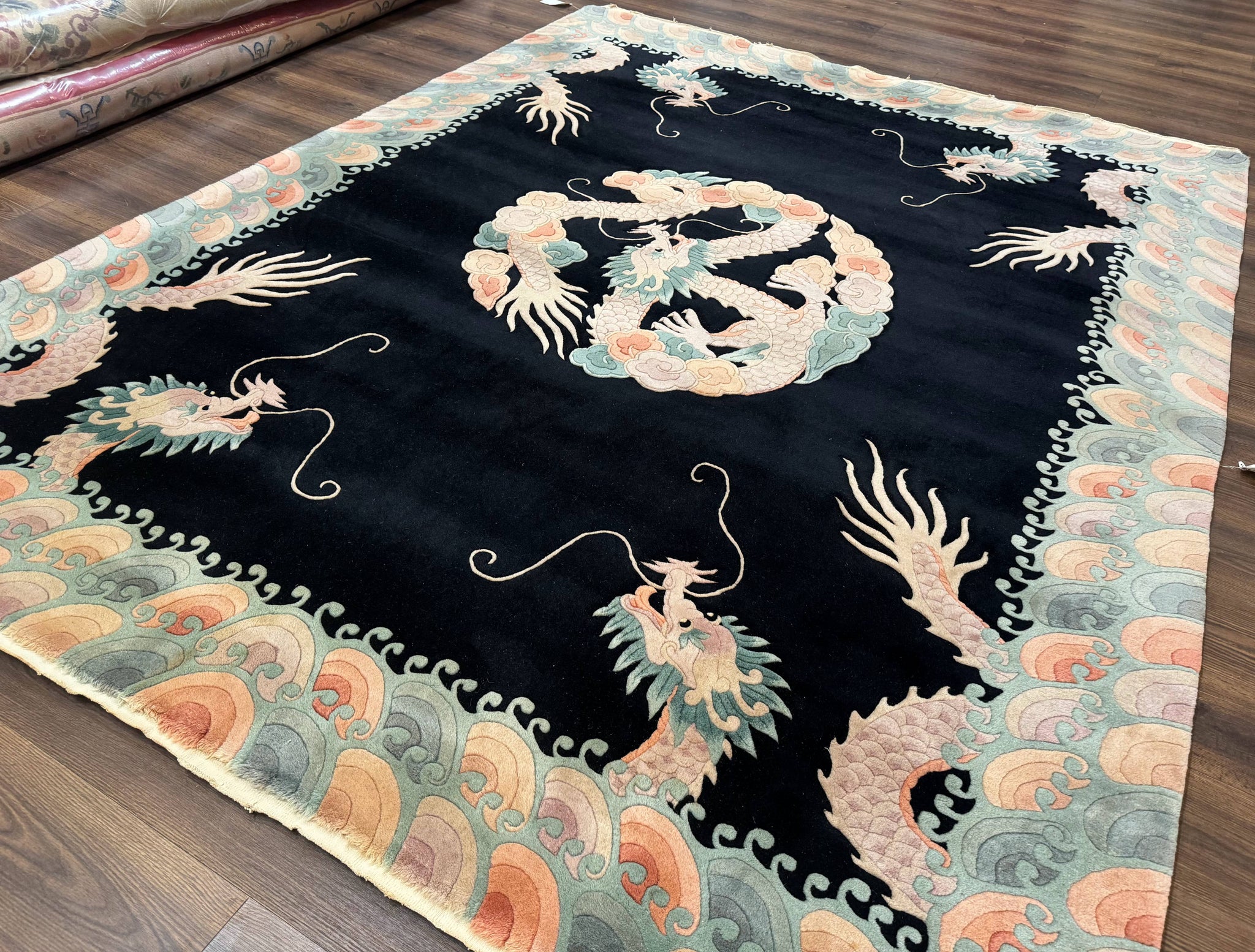 Black Chinese Wool Rug 8x10 with Dragons, Rainbow Borders, Rare by Jewel Rugs
