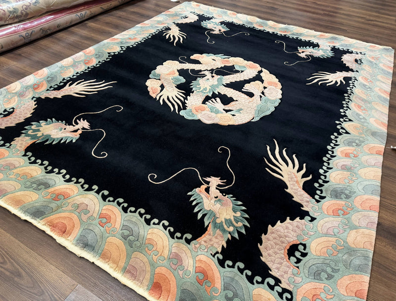 Black Chinese Wool Rug 8x10 with Dragons, Rainbow Borders, Rare by Jewel Rugs