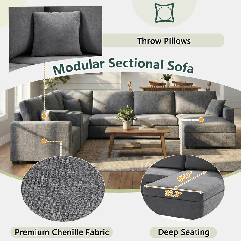 Modular 5 Seat U-Shape Sectional Sofa With Chaise Lounge, Built In Cup Holders And Storage Drawer by Unique Piece Furniture