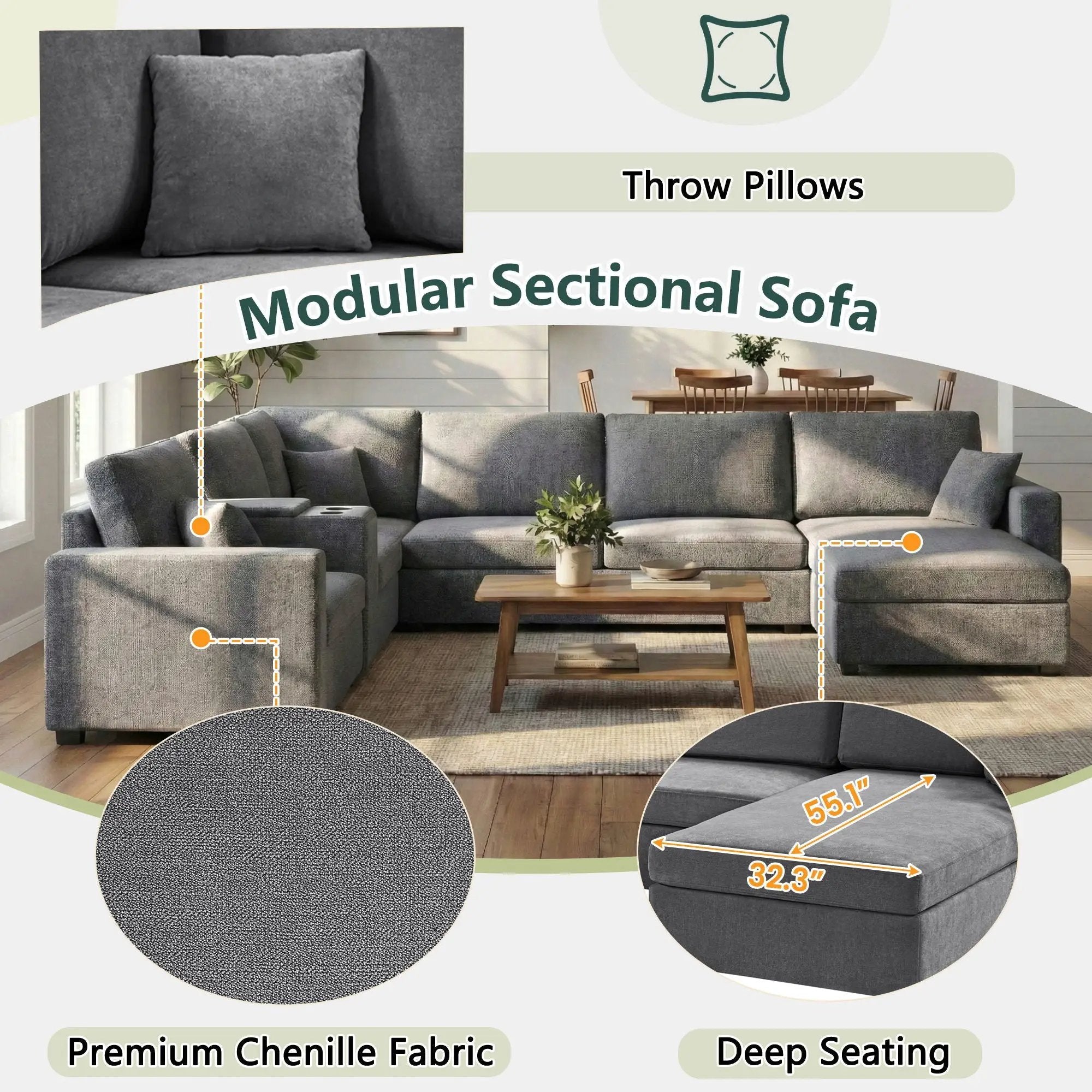 Modular 5 Seat U-Shape Sectional Sofa With Chaise Lounge, Built In Cup Holders And Storage Drawer by HouseOfZazla