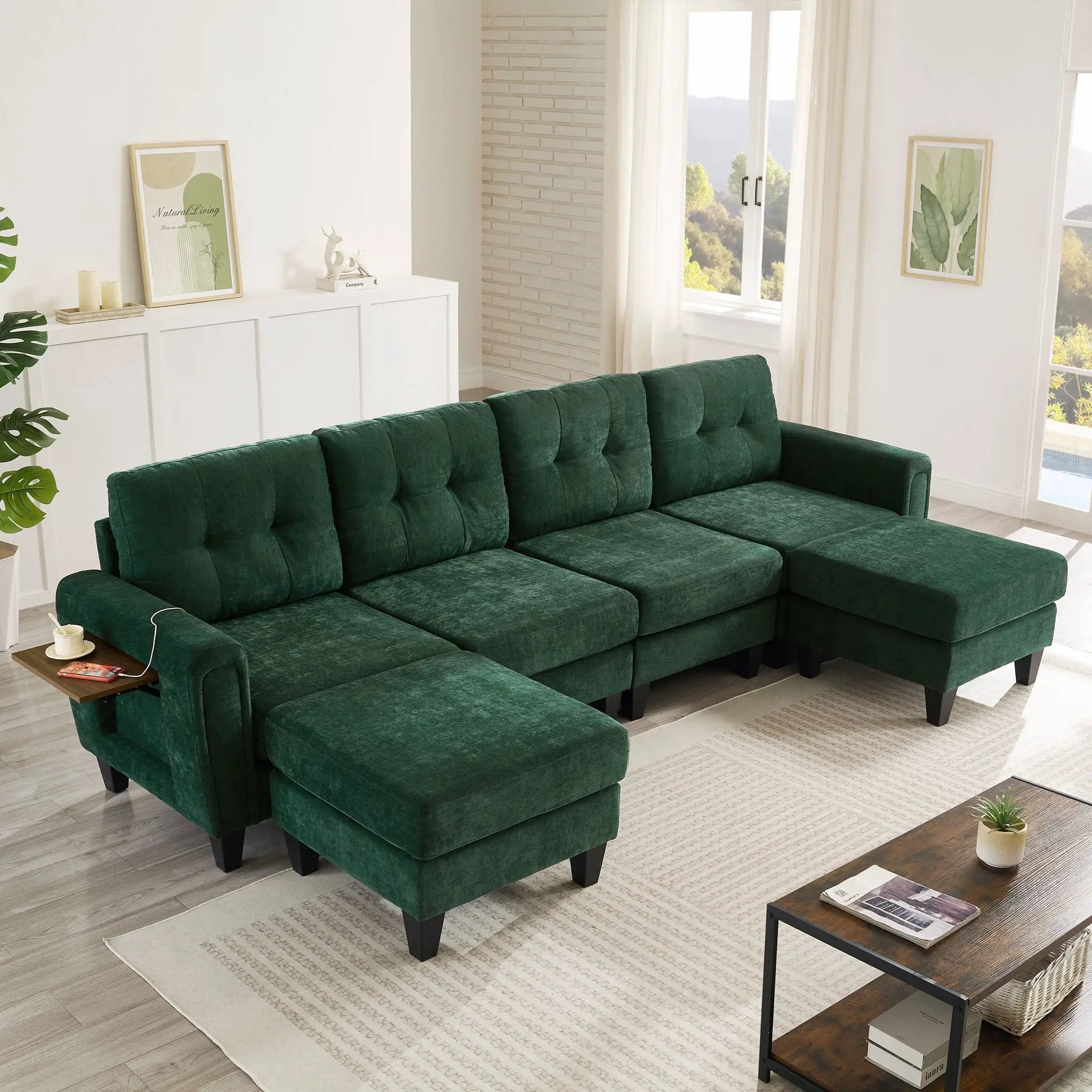 Modular Sectional Sofa With Movable Ottomans, USB Ports & Side Tables by HouseOfZazla