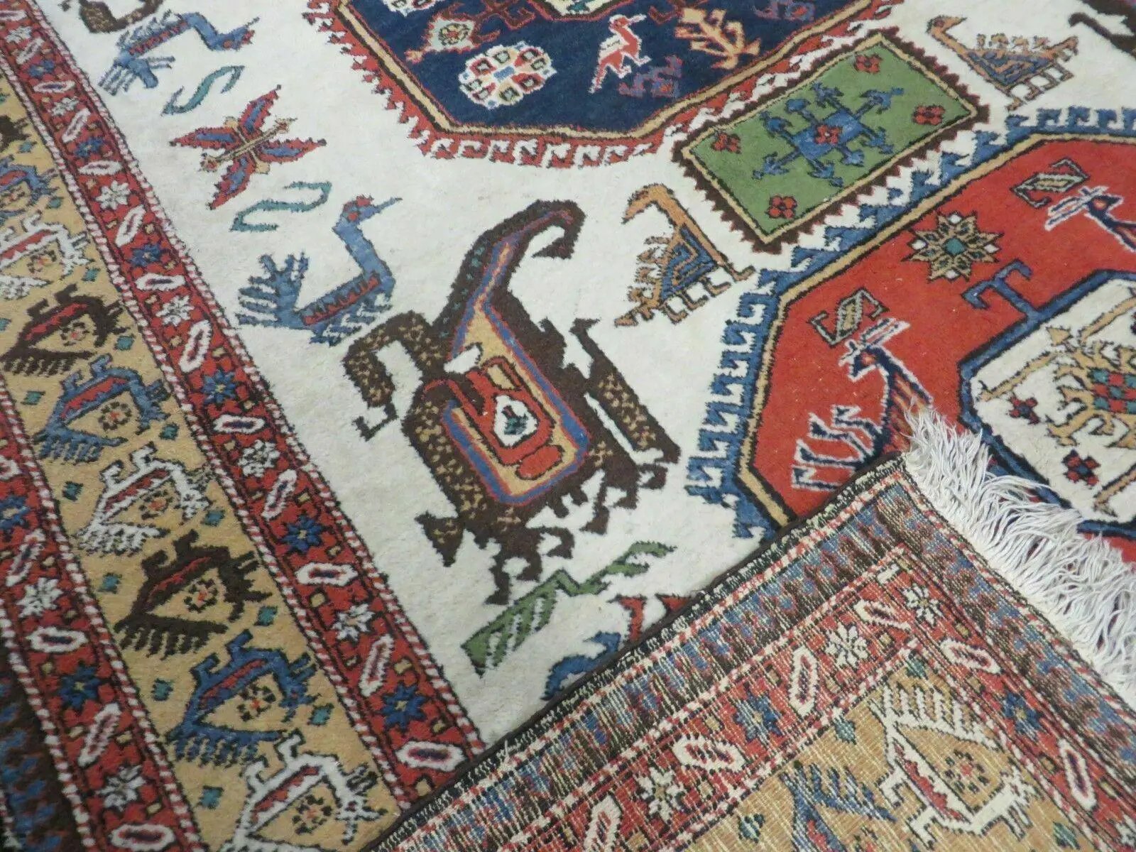 7' X 10' Vintage Handmade Knotted Turkish Wool Rug Birds Animal Ivory Organic by Jewel Rugs