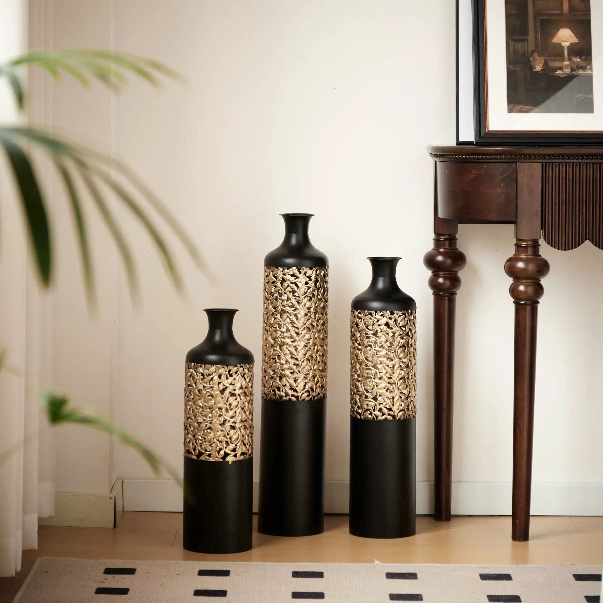 Floor Metal Vases Decorated Metal Vases (Set of 3) Gorgeous Home Decoration Large Glazed Metal Vases - Black / Gold by Unique Piece Furniture