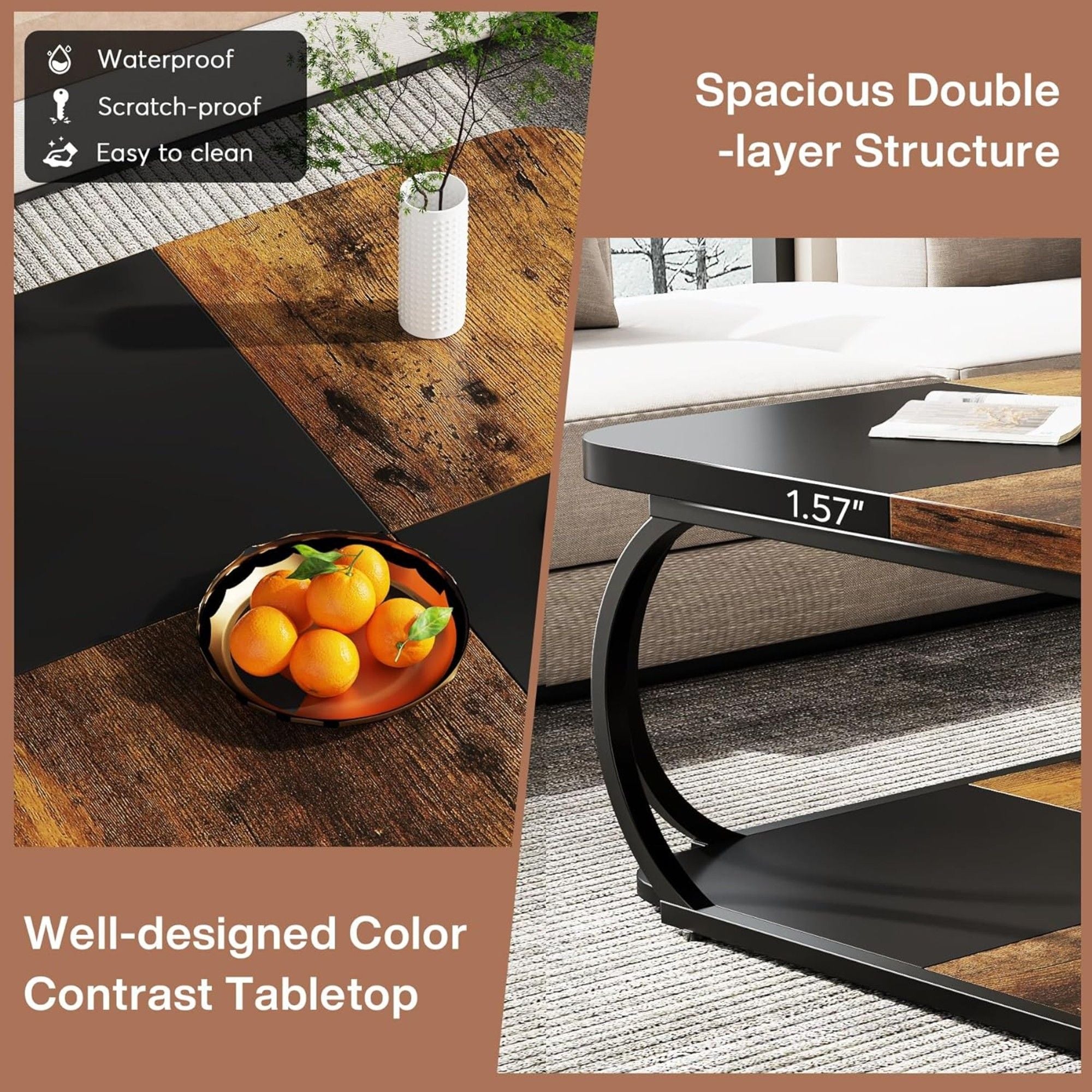 Square Coffee Table With Storage Shelf, 2 Tier For Living Room - Brown / Black by HouseOfZazla