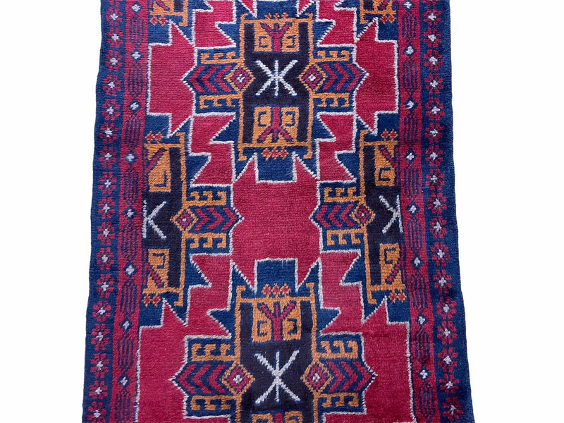 2' 8" X 4' 6" Vintage Handmade Tribal Wool Rug Balouchi Rug Afghan Rug Red Blue by Jewel Rugs