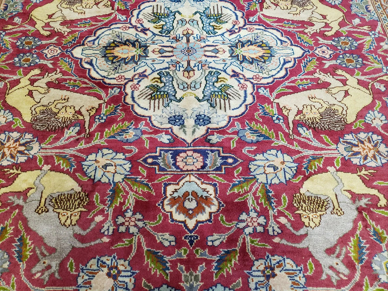 Antique Turkish Sivas Area Rug 8x11, Hand-Knotted, Vintage Red Wool Carpet, Gazelles Lions, Boteh Border, 8' x 11' Top Quality Oriental Rug by Jewel Rugs