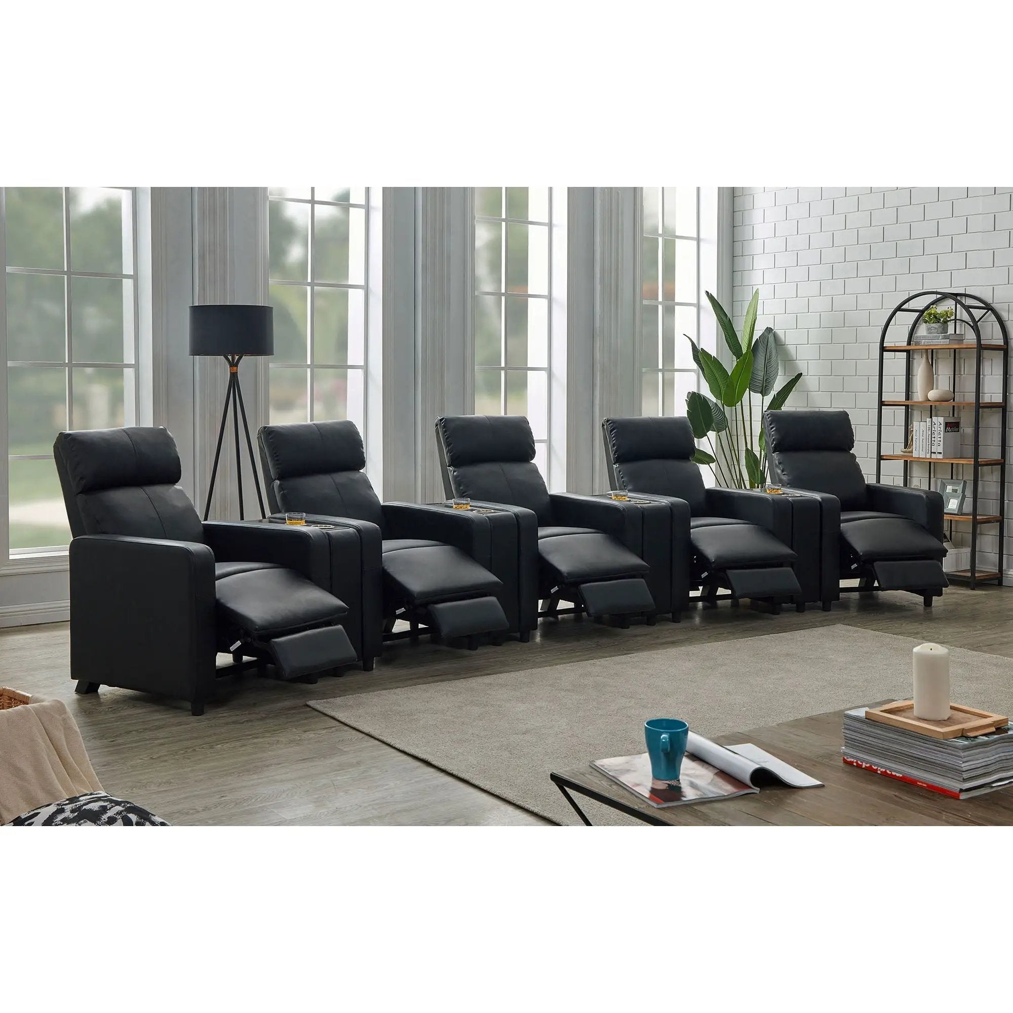 Warren - 5 Seater Home Theater With 4 Wedge Consoles Recliners And Storage Consoles - Black by HouseOfZazla