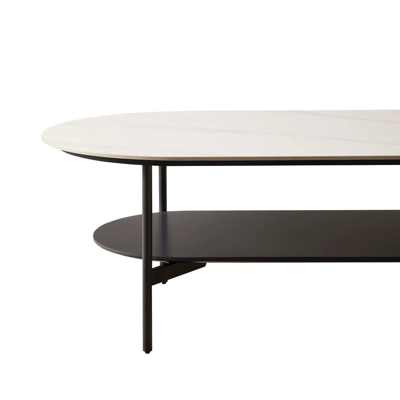 Contemporary Coffee Table Sintered Stone Surface With Ceramic Finish Double Layer Design Base Matte Shelf Modern Living Room Center Table - White / Gray by HouseOfZazla