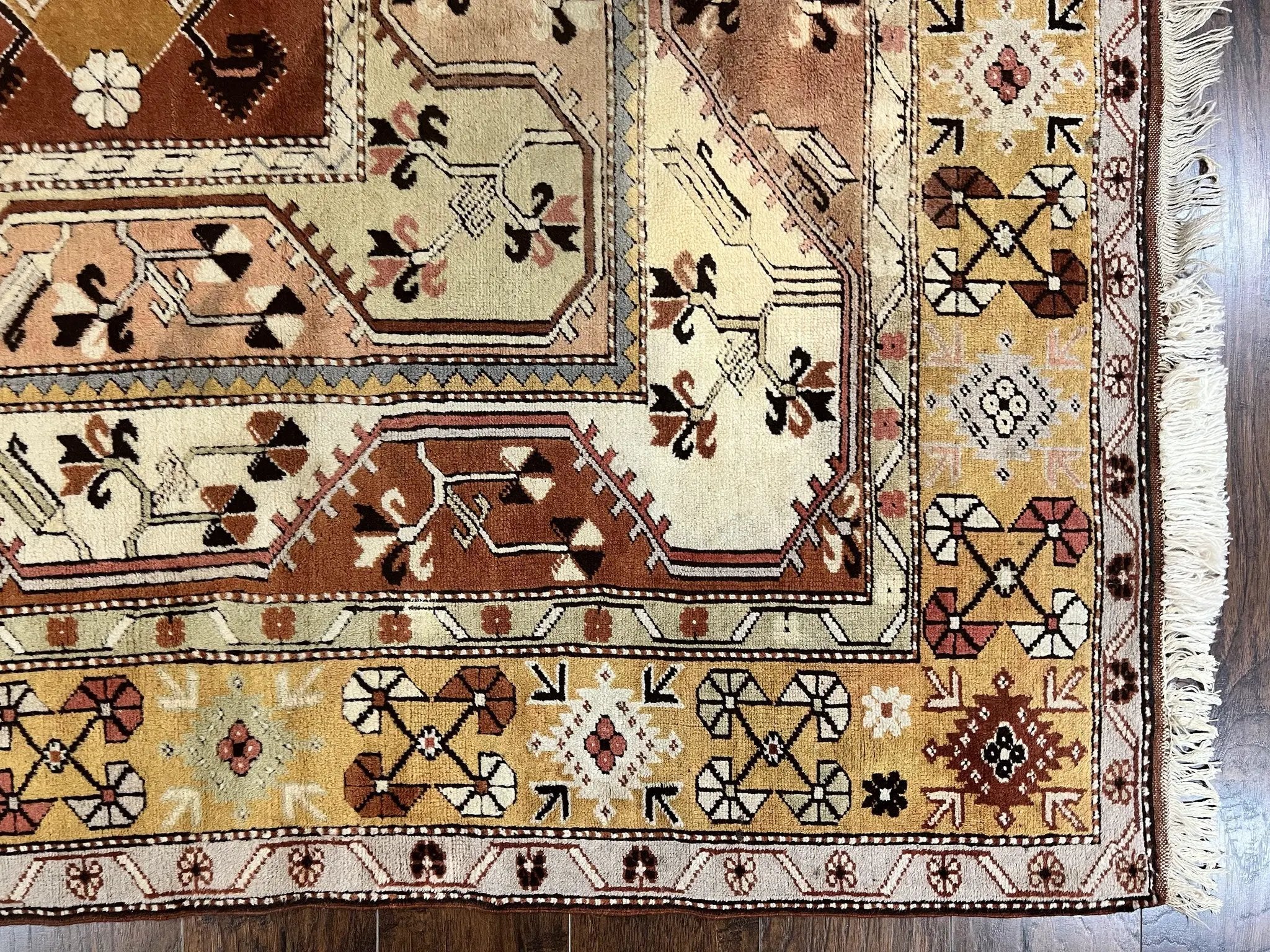 Turkish Rug 7x10, Wool Hand Knotted Vintage Carpet, Geometric Kazak Pattern by Jewel Rugs