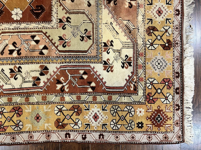 Turkish Rug 7x10, Wool Hand Knotted Vintage Carpet, Geometric Kazak Pattern by Jewel Rugs