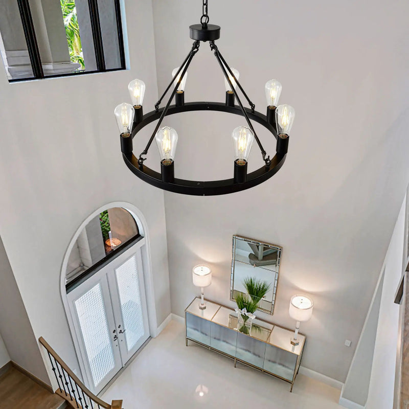 6 Light (No Bulbs) Wagon Wheel Chandelier Farmhouse Modern Small Round Chandelier For Living Room Kitchen Island Foyer Hallway Entryway Bedroom Dining Room Light Fixture Ceiling Hanging - Matte Black by Unique Piece Furniture