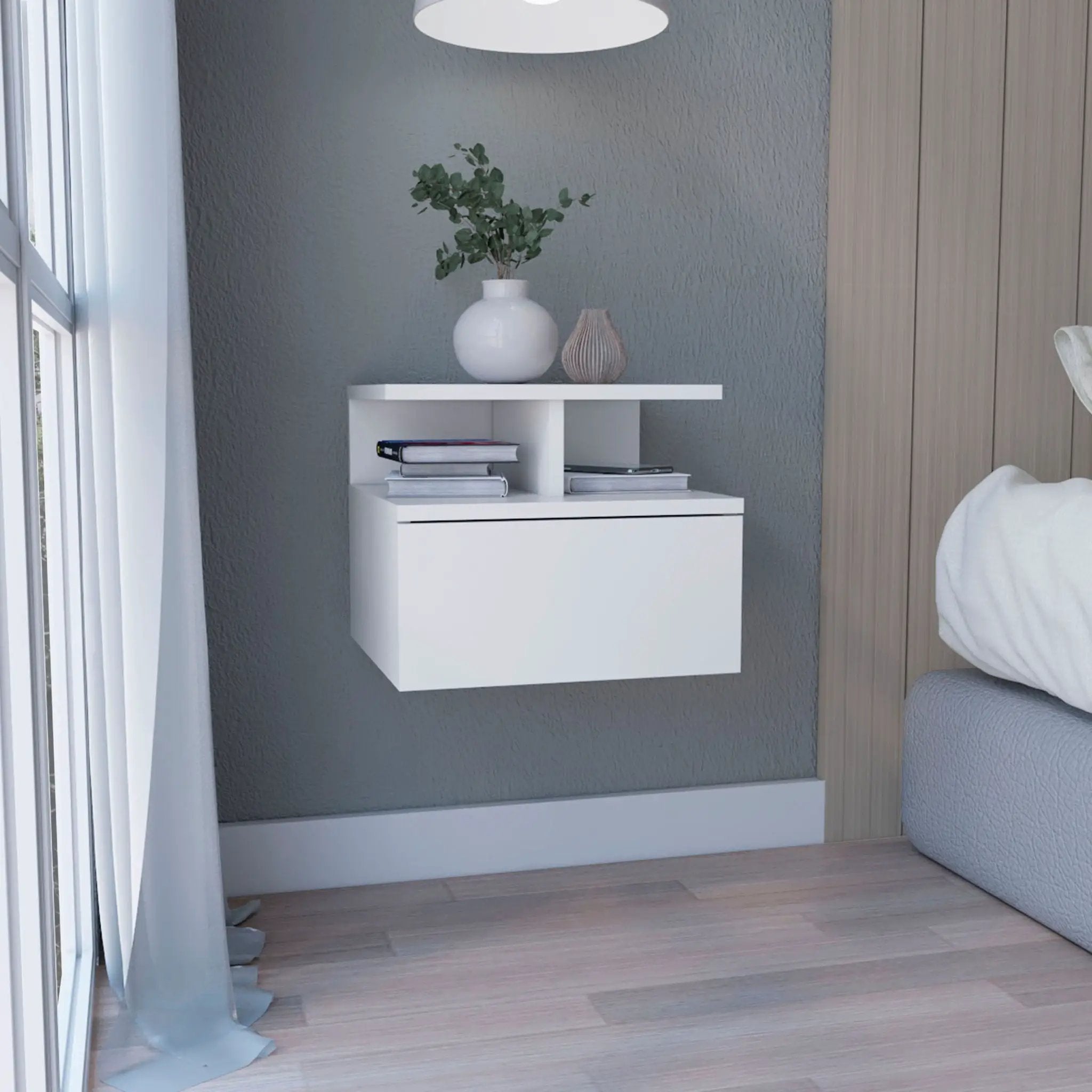 Floating Nightstand Wall Mounted With Single Drawer And 2 Tier Shelf - White by Unique Piece Furniture