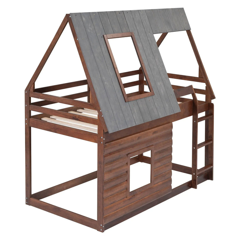Wood Twin Size House Bunk Bed With Roof, Ladder And 2 Windows - Oak & Smoky Gray by HouseOfZazla