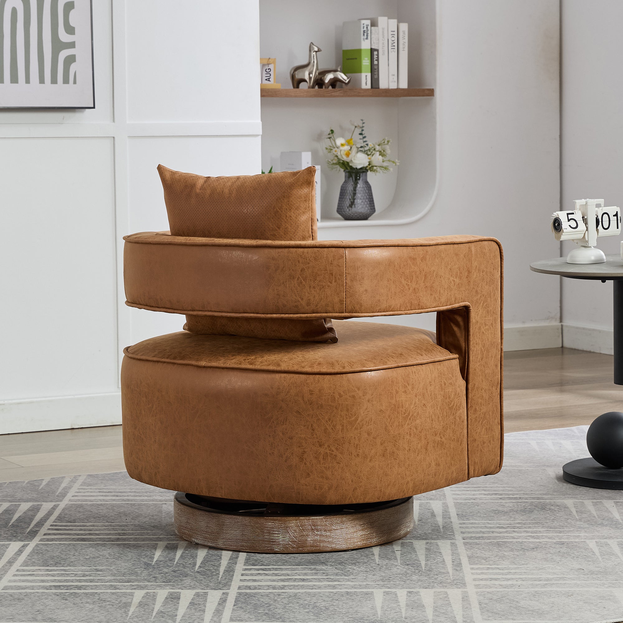 28.9"W Swivel Accent Open Back Barrel Chair in Brown PU by HouseOfZazla