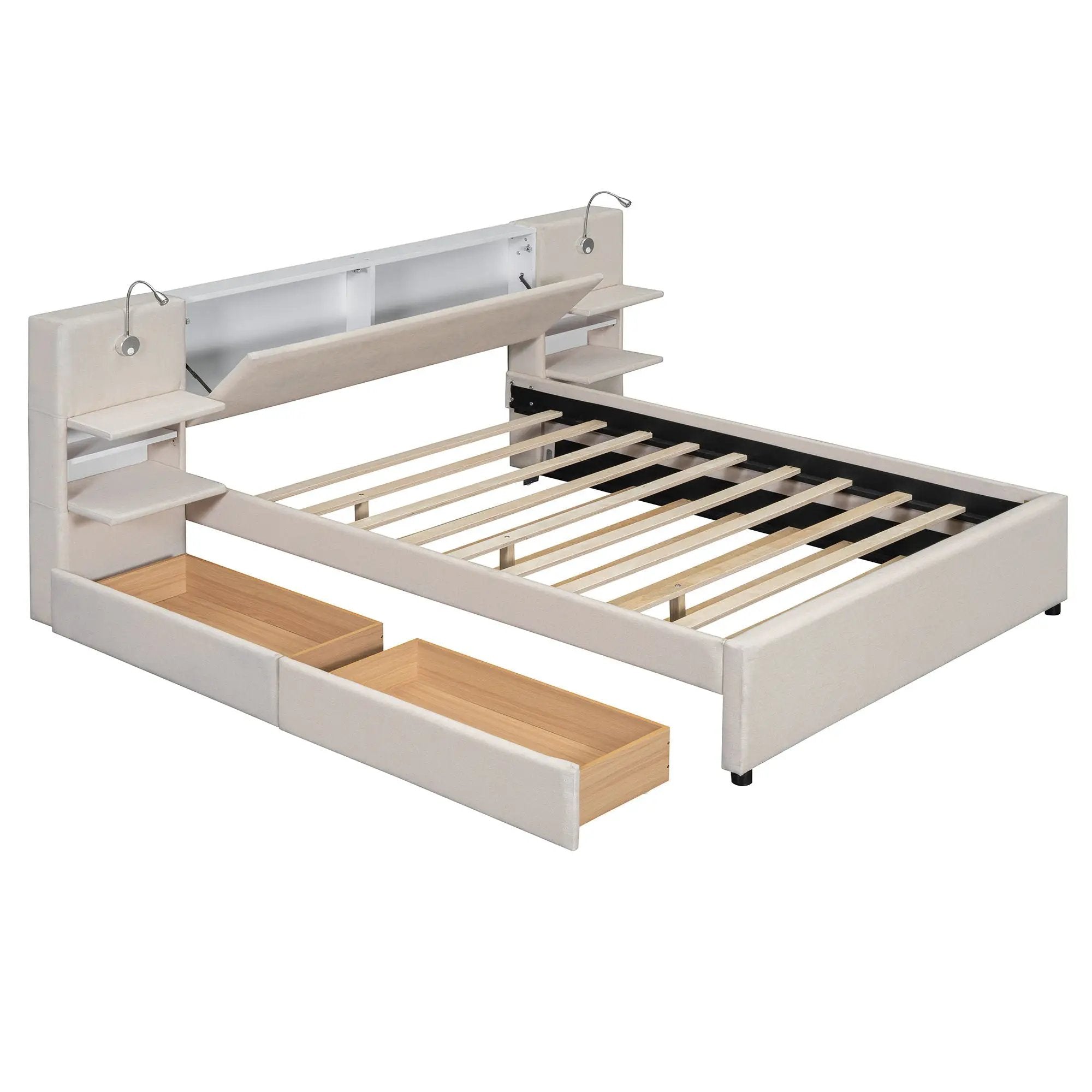 Upholstered Platform Bed With Reading Lights, Drawers, Trundle And Shelves by HouseOfZazla
