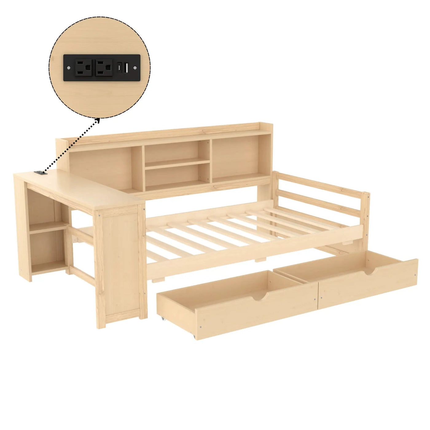 Corner Daybed With Storage Drawers, Desk, Charging Port & Bookcase by Unique Piece Furniture