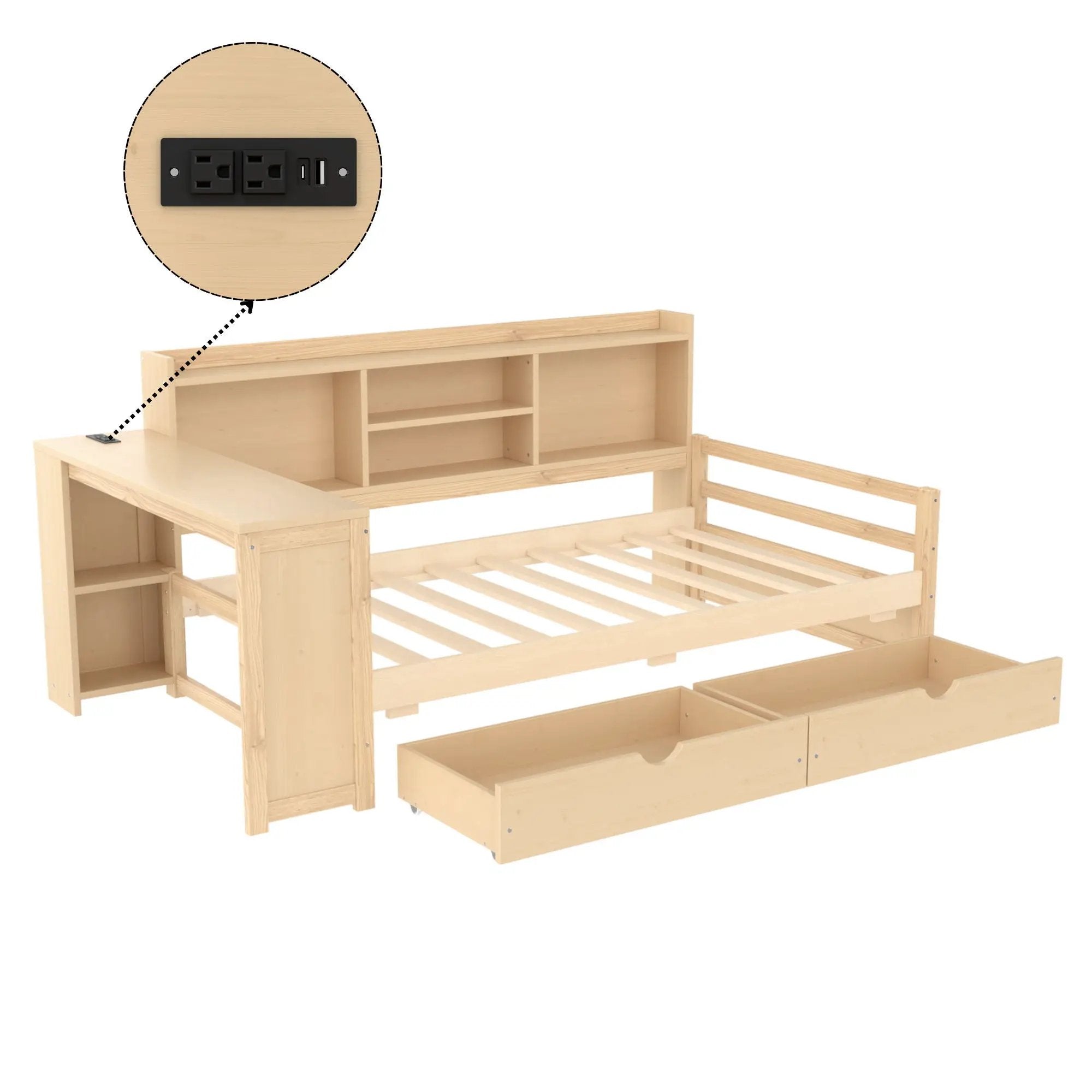Corner Daybed With Storage Drawers, Desk, Charging Port & Bookcase by Unique Piece Furniture
