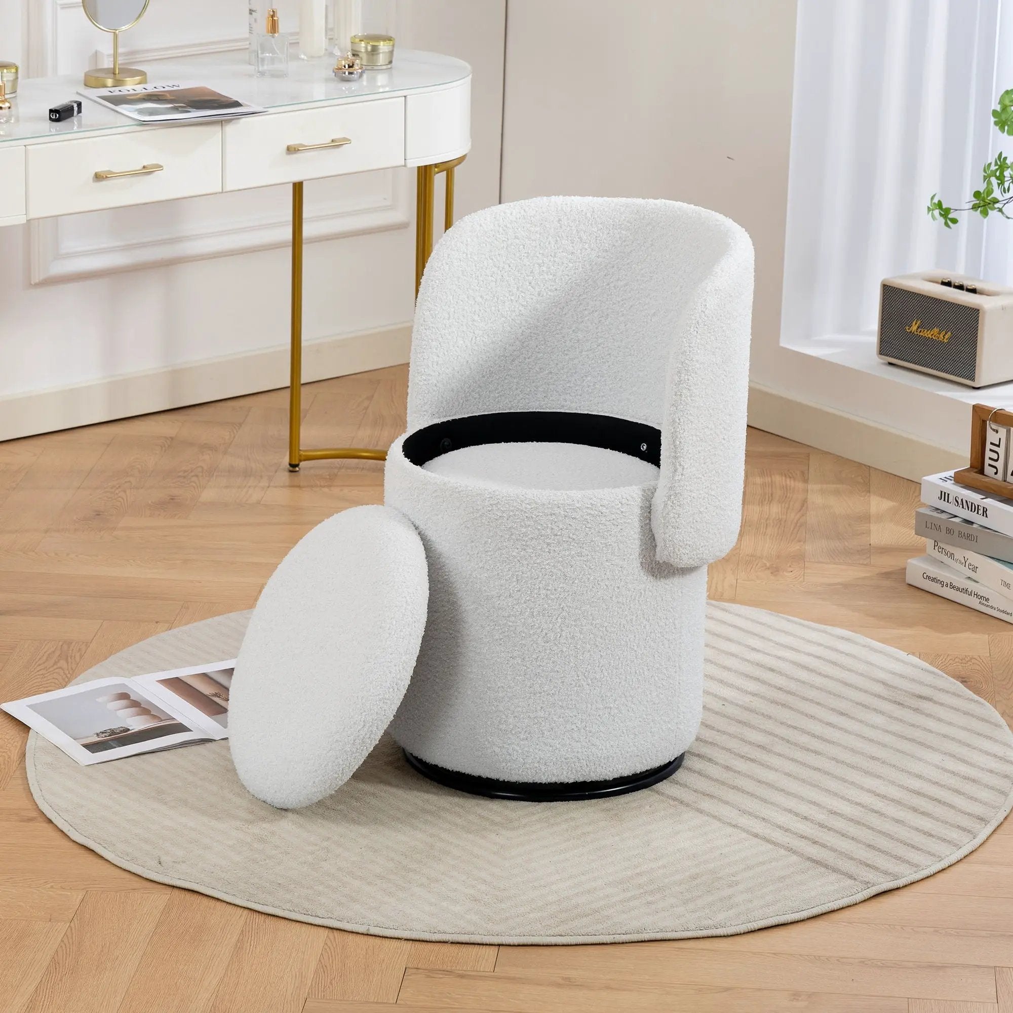 Barrel Chair & Built In Storage, 360° Swivel - Beige by HouseOfZazla